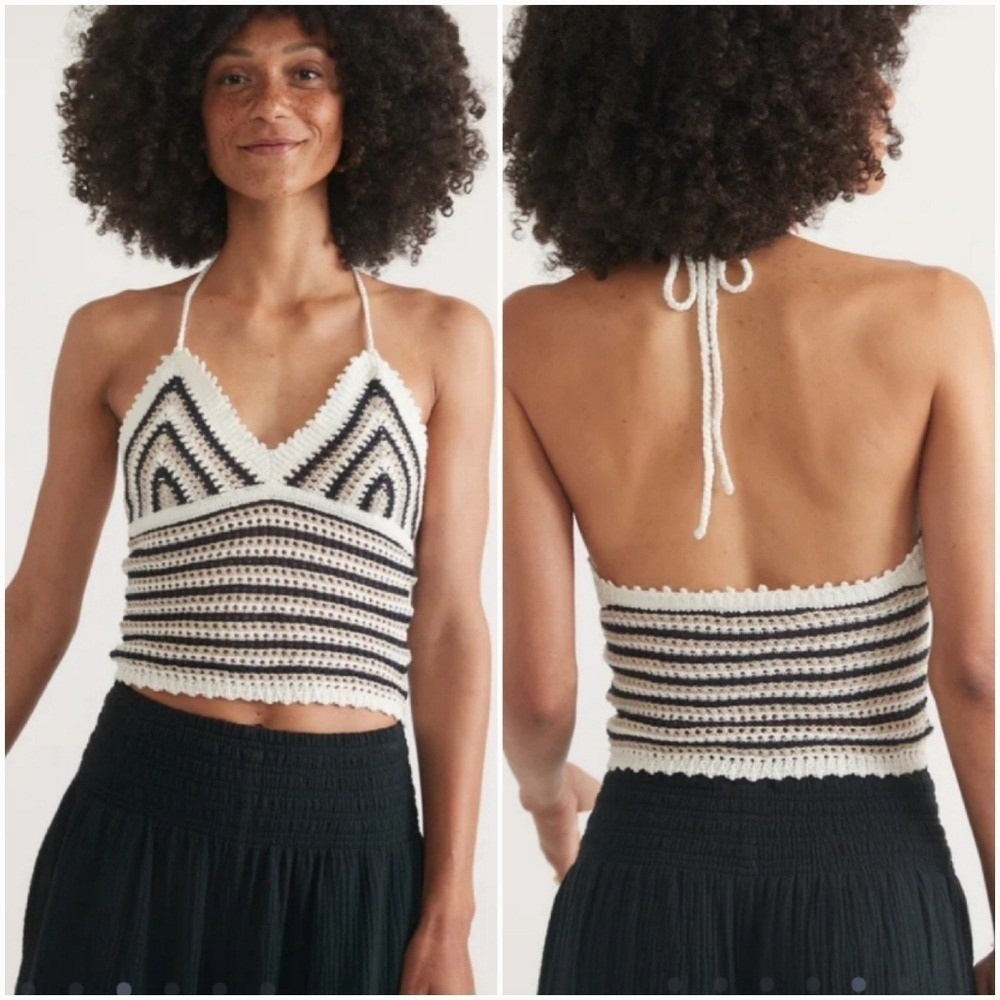 Marine Layer NEW Archive Mia Crochet Cotton Linen Ivory Stripe Halter Tank SZ XL